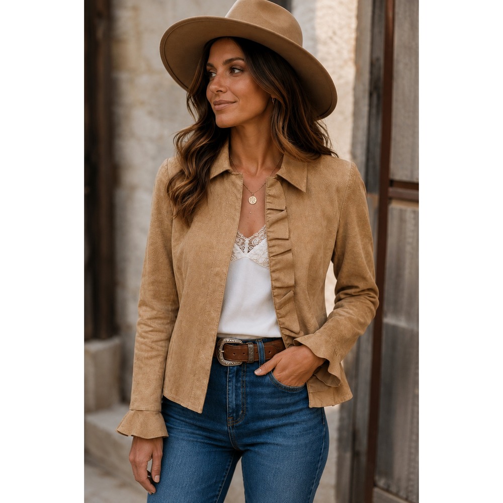 Margaret Godfrey VTG Tan Suede Ruffle Jacket 2P Western Boho Southwestern